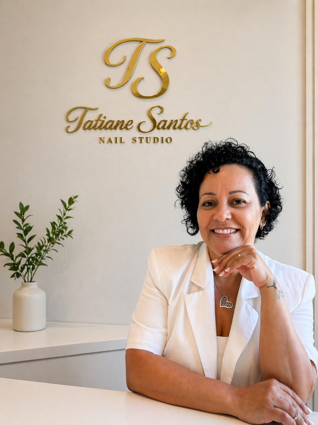 Tatiane Santos ao balcão do seu estúdio, em Loures